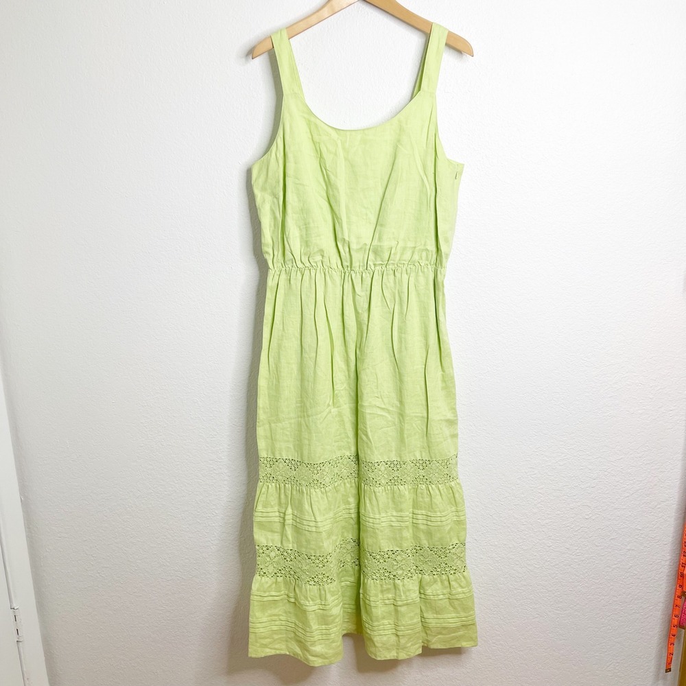 J.‎ Jill Lime Green Linen Crochet Lace Tiered Midi Dress Womens Large Sleeveless